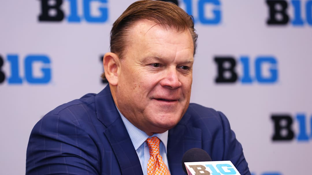 Oct 3, 2024; Rosemont, IL, USA; Illinois head coach Brad Underwood takes a question at the podium during the 2024 Big Ten Menís Basketball media day at Donald E. Stephens Convention Center. Mandatory Credit: Melissa Tamez-Imagn Images