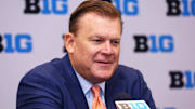Oct 3, 2024; Rosemont, IL, USA; Illinois head coach Brad Underwood takes a question at the podium during the 2024 Big Ten Menís Basketball media day at Donald E. Stephens Convention Center. Mandatory Credit: Melissa Tamez-Imagn Images