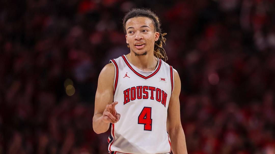 Mar 4, 2026; Houston, Texas, USA; Houston Cougars guard Kingston Flemings (4) reacts while playing against the Baylor Bears in the second half at Fertitta Center. Mar 4, 2026; Houston, Texas, USA; Houston Cougars guard Kingston Flemings (4) reacts while playing against the Baylor Bears in the second half at Fertitta Center.