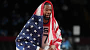 Aug 7, 2021; Saitama, Japan; USA player Kevin Durant (7) reacts after winning the gold medal game during the Tokyo 2020 Olympic Summer Games at Saitama Super Arena. Mandatory Credit: Kyle Terada-Imagn Images