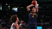 Feb 15, 2025; Atlanta, Georgia, USA; California Golden Bears guard Andrej Stojakovic (2) shoots against the Georgia Tech Yellow Jackets in the first half at McCamish Pavilion. Mandatory Credit: Brett Davis-Imagn Images