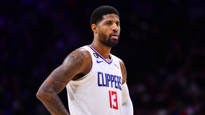 Dec 23, 2022; Philadelphia, Pennsylvania, USA; Los Angeles Clippers forward Paul George (13) looks on against the Philadelphia 76ers in the third quarter at Wells Fargo Center. Mandatory Credit: Kyle Ross-USA TODAY Sports