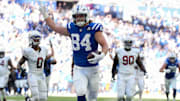 Indianapolis Colts tight end Tyler Warren (84) scores a touchdown during a game against the Arizona Cardinals on Sunday, Oct. 12, 2025, at Lucas Oil Stadium in Indianapolis