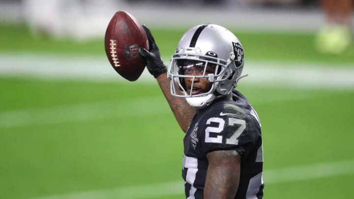 Dec 17, 2020; Paradise, Nevada, USA; Las Vegas Raiders cornerback Trayvon Mullen (27) against the Los Angeles Chargers at Allegiant Stadium. Mandatory Credit: Mark J. Rebilas-USA TODAY Sports