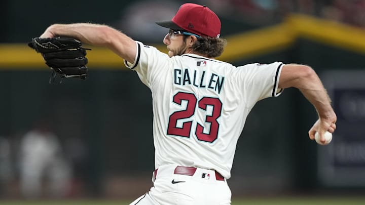 Mar 27, 2025; Phoenix, Arizona, USA; Arizona Diamondbacks pitcher Zac Gallen (23) pitches against the Chicago Cubs during the fourth inning at Chase Field. Mar 27, 2025; Phoenix, Arizona, USA; Arizona Diamondbacks pitcher Zac Gallen (23) pitches against the Chicago Cubs during the fourth inning at Chase Field.
