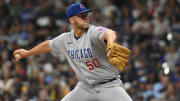 Sep 30, 2023; Milwaukee, Wisconsin, USA; Chicago Cubs starting pitcher Jameson Taillon (50) delivers a pitch against the Milwaukee Brewers in the sixth inning at American Family Field.