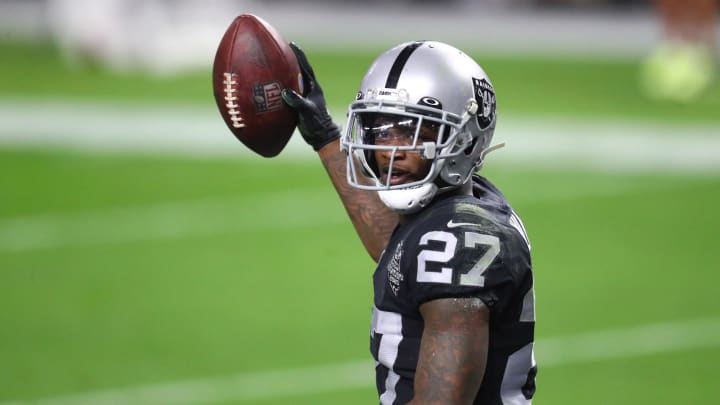 Dec 17, 2020; Paradise, Nevada, USA; Las Vegas Raiders cornerback Trayvon Mullen (27) against the Los Angeles Chargers at Allegiant Stadium. Mandatory Credit: Mark J. Rebilas-USA TODAY Sports