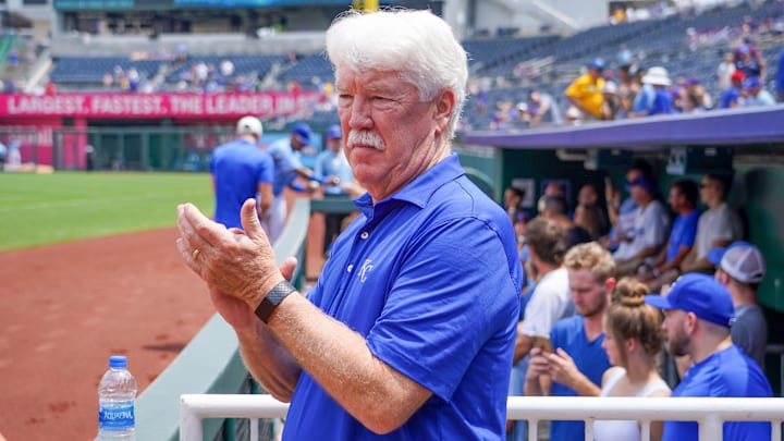 Jul 25, 2021; Kansas City, Missouri, USA; Kansas City Royals owners group principal owner John Sherman applauds during warm ups before the game against the Detroit Tigers at Kauffman Stadium. Mandatory Credit: Denny Medley-Imagn Images