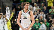 Feb 16, 2025; Eugene, Oregon, USA; Oregon Ducks center Nate Bittle (32) reacts to a made three point shot against the Rutgers Scarlet Knights during the second half at Matthew Knight Arena. Mandatory Credit: Craig Strobeck-Imagn Images
