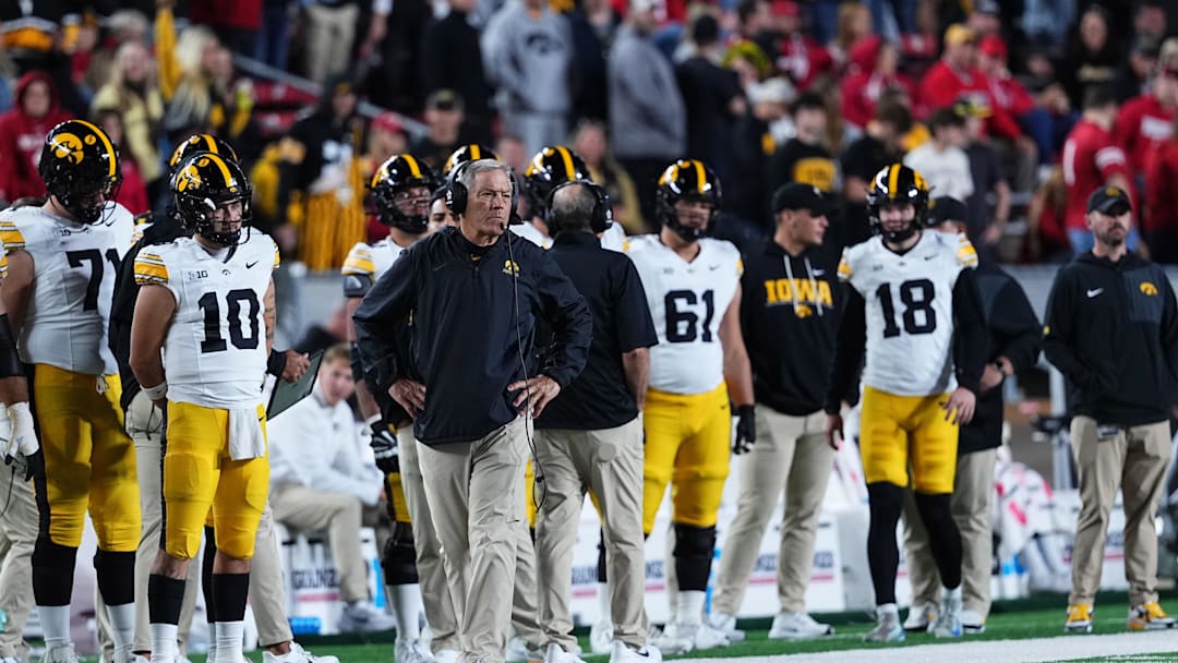 Oct 11, 2025; Madison, Wisconsin, USA; Iowa Hawkeyes head coach Kirk Ferentz watches from the sideline during the second half against the Wisconsin Badgers at Camp Randall Stadium. Mandatory Credit: Ross Harried-Imagn Images