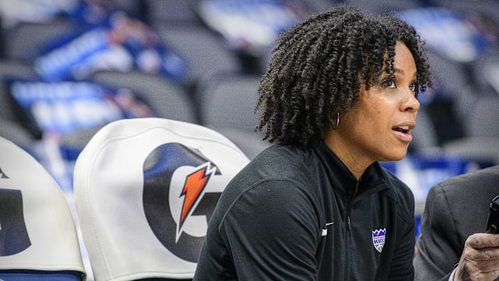 Feb 12, 2020; Dallas, Texas, USA; Sacramento Kings assistant player development coach Lindsey Harding before the game between the Dallas Mavericks and the Sacramento Kings at the American Airlines Center. Mandatory Credit: Jerome Miron-Imagn Images