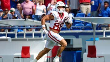 Sep 20, 2025; Memphis, Tennessee, USA; Arkansas Razorbacks tight end Rohan Jones (88) runs for a touchdown against the Memphis Tigers during the first half at Simmons Bank Liberty Stadium. Mandatory Credit: Wesley Hale-Imagn Images