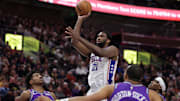 Jan 14, 2023; Salt Lake City, Utah, USA; Philadelphia 76ers center Joel Embiid (21) shoots the ball during the second quarter against the Utah Jazz at Vivint Arena. Mandatory Credit: Chris Nicoll-Imagn Images