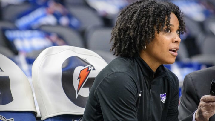 Feb 12, 2020; Dallas, Texas, USA; Sacramento Kings assistant player development coach Lindsey Harding before the game between the Dallas Mavericks and the Sacramento Kings at the American Airlines Center. Mandatory Credit: Jerome Miron-USA TODAY Sports