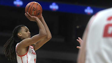 Holliday's Keitenn Bristow shoots the ball against Ponder in a boys Class 3A state semifinal, Thursday, March 7, 2024, at the Alamodome in San Antonio.