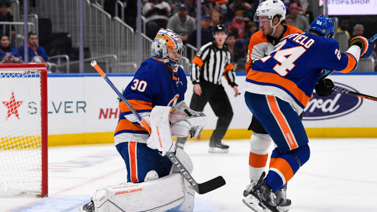 Nov 22, 2023; Elmont, New York, USA; New York Islanders goaltender Ilya Sorokin (30) makes a save