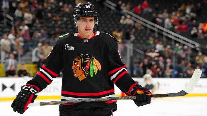 Mar 14, 2026; Las Vegas, Nevada, USA; Chicago Blackhawks center Teuvo Teravainen (86) warms up before a game against the Vegas Golden Knights at T-Mobile Arena. Mandatory Credit: Stephen R. Sylvanie-Imagn Images