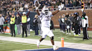 Dec 26, 2023; Dallas, TX, USA; Texas State Bobcats offensive lineman Nash Jones (76) scores a touchdown against the Rice Owls in the second half at Gerald J Ford Stadium. Mandatory Credit: Tim Heitman-Imagn Images