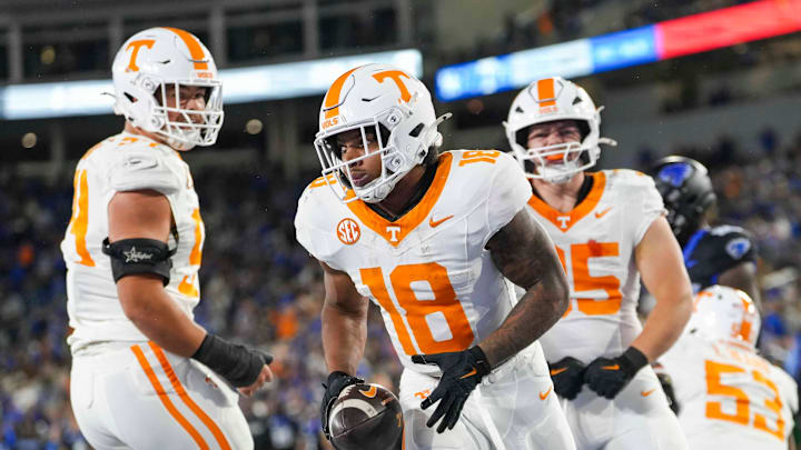 Tennessee running back DeSean Bishop (18) after scoring a touchdown during a NCAA football game against Kentucky at Kroger Field in Lexington, Kentucky on Oct. 25, 2025.
