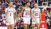 Indiana Hoosiers guard Jalen Hood-Schifino (1)  forward Trayce Jackson-Davis (23) and  forward Race Thompson (25) in the second half against the Michigan Wolverines at Simon Skjodt Assembly Hall.