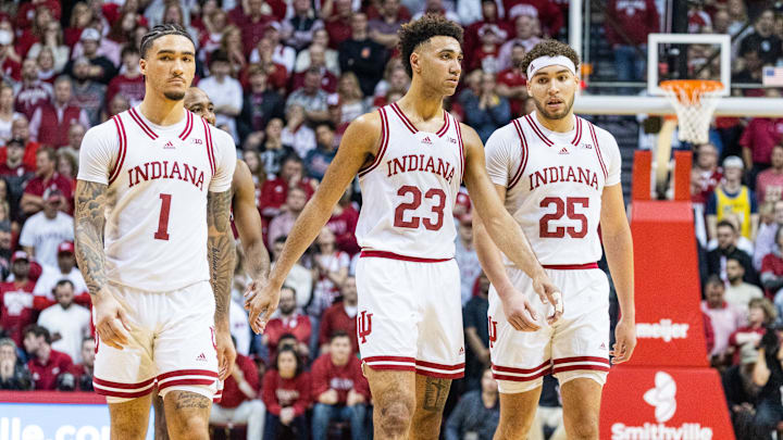 Indiana Hoosiers guard Jalen Hood-Schifino (1) forward Trayce Jackson-Davis (23) and forward Race Thompson (25) in the second half against the Michigan Wolverines at Simon Skjodt Assembly Hall. Indiana Hoosiers guard Jalen Hood-Schifino (1) forward Trayce Jackson-Davis (23) and forward Race Thompson (25) in the second half against the Michigan Wolverines at Simon Skjodt Assembly Hall.