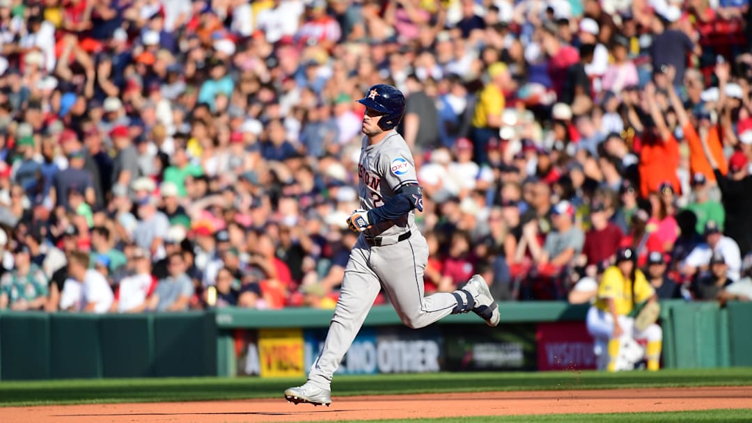 Aug 10, 2024; Boston, Massachusetts, USA;  Houston Astros third baseman Alex Bregman (2) rounds the bases after hitting a home run during the seventh inning against the Boston Red Sox at Fenway Park. Mandatory Credit: Bob DeChiara-Imagn Images