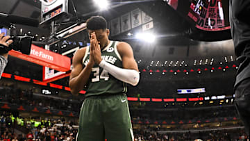 Oct 12, 2025; Chicago, Illinois, USA;  Milwaukee Bucks forward Giannis Antetokounmpo (34) prays before the first half against the Chicago Bulls at the United Center. Mandatory Credit: Matt Marton-Imagn Images