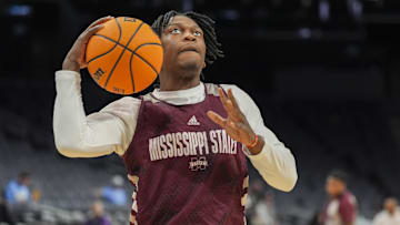 Mar 20, 2024; Charlotte, NC, USA; Mississippi State Bulldogs guard Trey Fort (11) during practices at Spectrum Center. Mandatory Credit: Jim Dedmon-Imagn Images