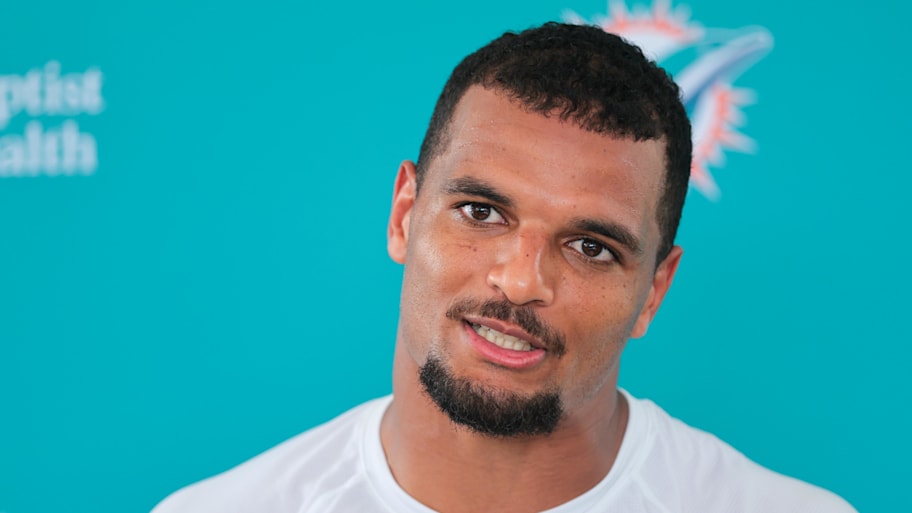Dolphins safety Minkah Fitzpatrick speaks to reporters at training camp. | Sam Navarro-Imagn Images
