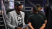 Jul 9, 2025; Frisco, TX, USA; Colorado head coach Deion Sanders leaves the stage after speaking with the media during 2025 Big 12 Football Media Days at The Star. Mandatory Credit: Raymond Carlin III-Imagn Images