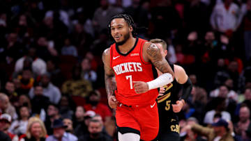 Jan 22, 2025; Houston, Texas, USA; Houston Rockets guard Cam Whitmore (7) reacts after a basket against the Cleveland Cavaliers during the second quarter at Toyota Center. Mandatory Credit: Erik Williams-Imagn Images