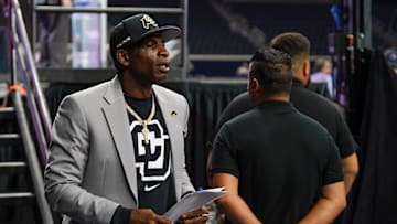 Jul 9, 2025; Frisco, TX, USA; Colorado head coach Deion Sanders leaves the stage after speaking with the media during 2025 Big 12 Football Media Days at The Star. Mandatory Credit: Raymond Carlin III-Imagn Images