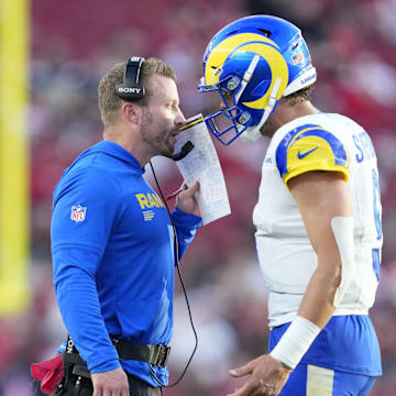 Nov 9, 2025; Santa Clara, California, USA; Los Angeles Rams head coach Sean McVay talks with Los Angeles Rams quarterback Matthew Stafford (9) during the fourth quarter against the San Francisco 49ers at Levi's Stadium. Mandatory Credit: Kyle Terada-Imagn Images