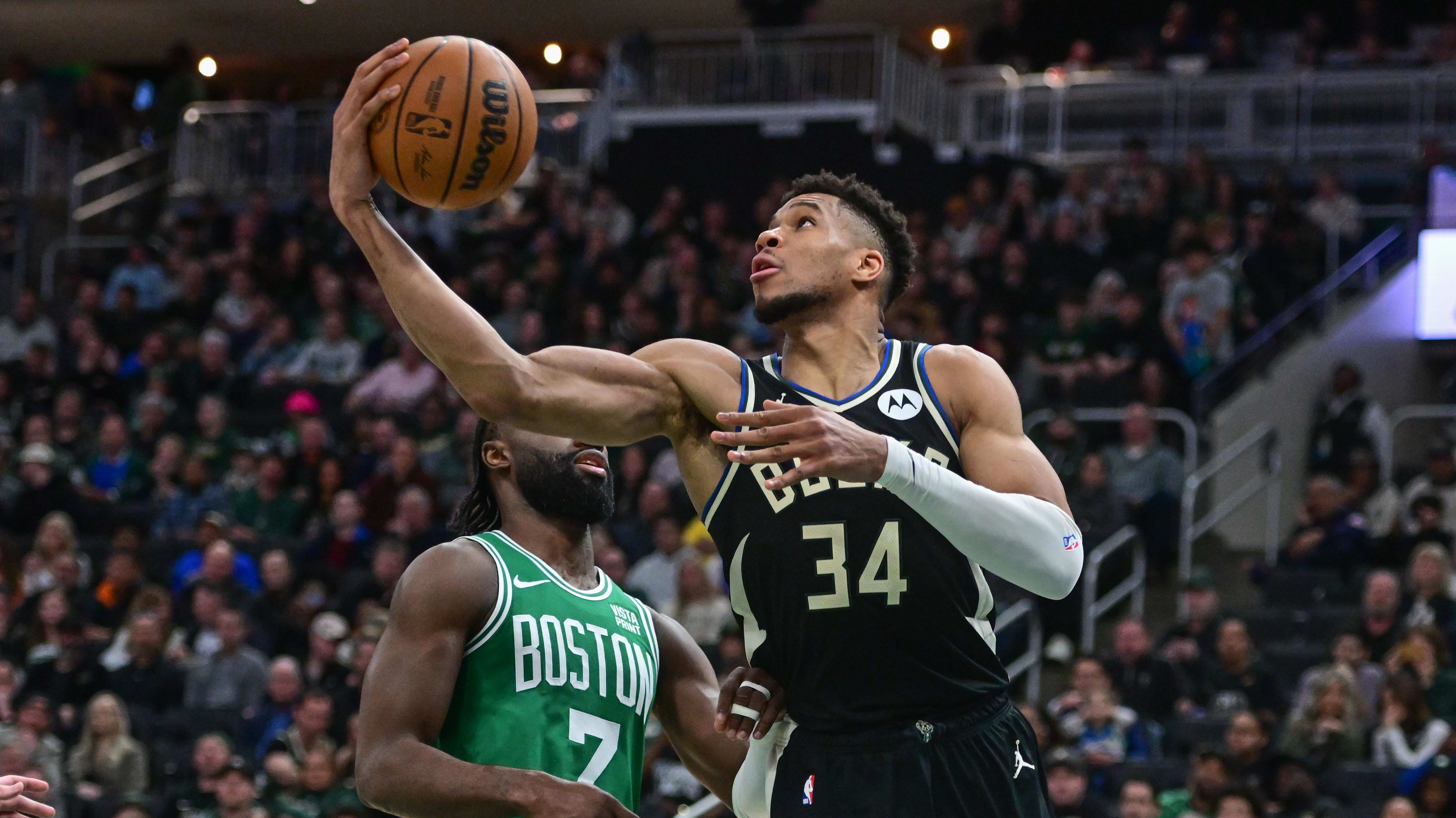 Apr 9, 2024; Milwaukee, Wisconsin, USA; Milwaukee Bucks forward Giannis Antetokounmpo (34) takes a shot vs. the Boston Celtics.