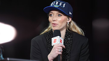 Paige Bueckers is interviewed by ESPN after being selected with the number one overall pick to the Dallas Wings in the 2025 WNBA Draft at The Shed at Hudson Yards.