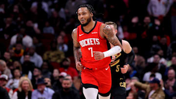 Jan 22, 2025; Houston, Texas, USA; Houston Rockets guard Cam Whitmore (7) reacts after a basket against the Cleveland Cavaliers during the second quarter at Toyota Center. Mandatory Credit: Erik Williams-Imagn Images