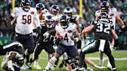 Nov 28, 2025; Philadelphia, Pennsylvania, USA; Chicago Bears running back D'Andre Swift (4) carries the ball against the Philadelphia Eagles during the second quarter of the game at Lincoln Financial Field. Mandatory Credit: Eric Hartline-Imagn Images