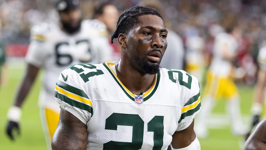 Oct 19, 2025; Glendale, Arizona, USA; Green Bay Packers cornerback Nate Hobbs (21) against the Arizona Cardinals at State Farm Stadium. Mandatory Credit: Mark J. Rebilas-Imagn Images