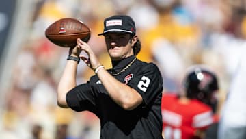 Oct 18, 2025; Tempe, Arizona, USA; Texas Tech Red Raiders quarterback Behren Morton (2) against the Arizona State Sun Devils in the first half at Mountain America Stadium. Mandatory Credit: Mark J. Rebilas-Imagn Images
