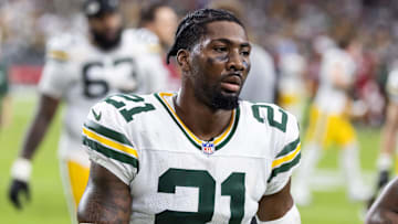 Oct 19, 2025; Glendale, Arizona, USA; Green Bay Packers cornerback Nate Hobbs (21) against the Arizona Cardinals at State Farm Stadium. Mandatory Credit: Mark J. Rebilas-Imagn Images