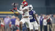 Dec 26, 2024; Phoenix, AZ, USA; Rutgers Scarlet Knights wide receiver Ian Strong (9) against the Kansas State Wildcats during the first half of the Rate Bowl at Chase Field. Mandatory Credit: Mark J. Rebilas-Imagn Images