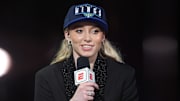 Apr 14, 2025; New York, New York, USA; Paige Bueckers is interviewed by ESPN after being selected with the number one overall pick to the Dallas Wings in the 2025 WNBA Draft at The Shed at Hudson Yards. Mandatory Credit: Vincent Carchietta-Imagn Images