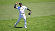 National League relief pitcher Edwin Diaz (39) of the New York Mets warms up before the 2022 MLB All Star Game at Dodger Stadium on July 19, 2022.