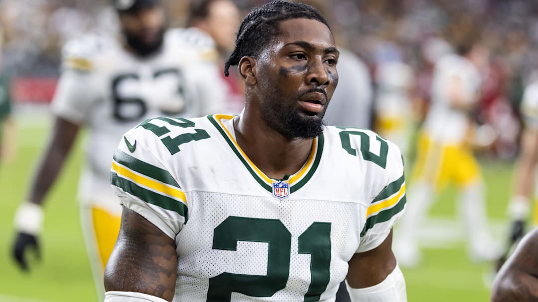 Oct 19, 2025; Glendale, Arizona, USA; Green Bay Packers cornerback Nate Hobbs (21) against the Arizona Cardinals at State Farm Stadium. Mandatory Credit: Mark J. Rebilas-Imagn Images