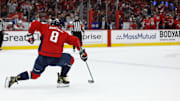 Apr 21, 2025; Washington, District of Columbia, USA; Washington Capitals left wing Alex Ovechkin (8) celebrates after scoring a goal against the Montreal Canadiens in the first period in game one of the first round of the 2025 Stanley Cup Playoffs at Capital One Arena. Mandatory Credit: Geoff Burke-Imagn Images