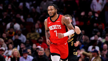 Jan 22, 2025; Houston, Texas, USA; Houston Rockets guard Cam Whitmore (7) reacts after a basket against the Cleveland Cavaliers during the second quarter at Toyota Center. Mandatory Credit: Erik Williams-Imagn Images