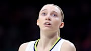 Dallas Wings rookie Paige Bueckers looks on during a preseason game.