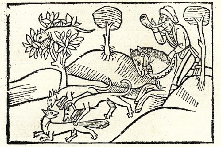 An early 16th-century illustration of  "The Fox and the Cat."