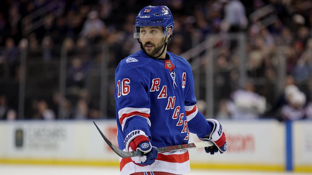 Mar 2, 2026; New York, New York, USA; New York Rangers center Vincent Trocheck (16) skates against the Columbus Blue Jackets during the second period at Madison Square Garden. Mandatory Credit: Brad Penner-Imagn Images