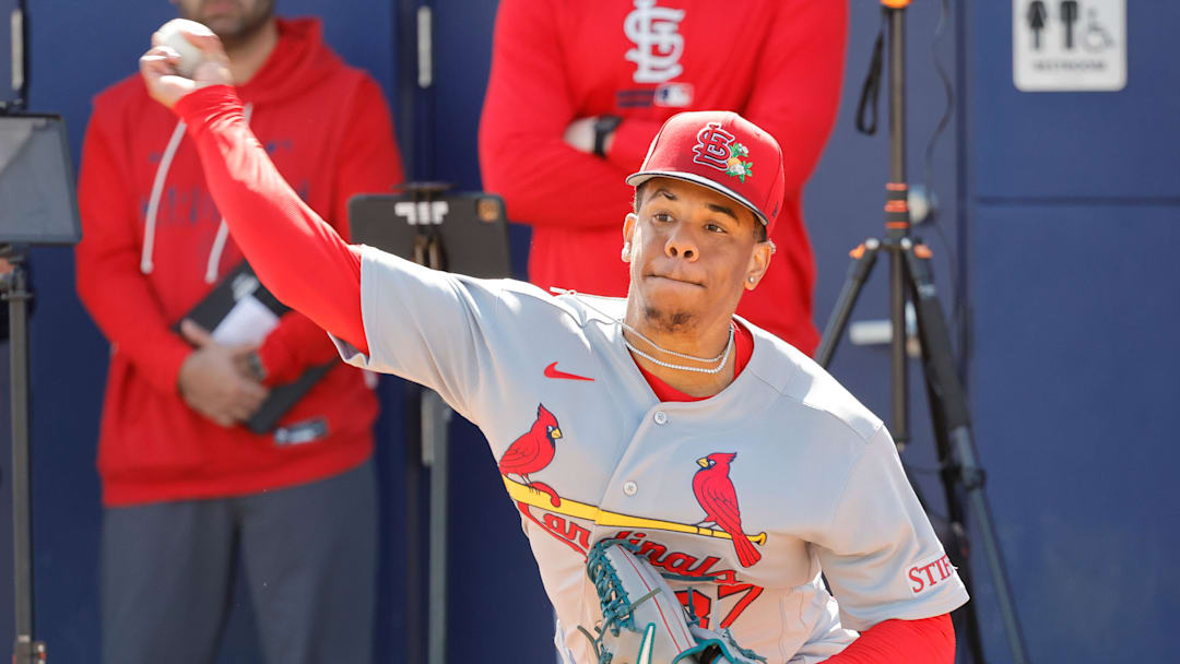 Feb 16, 2026; Jupiter, FL, USA; St. Louis Cardinals pitcher Jurrangelo Cijntje (87) throws a pitch during spring training workouts at Roger Dean Stadium. Mandatory Credit: Reinhold Matay-Imagn Images Feb 16, 2026; Jupiter, FL, USA; St. Louis Cardinals pitcher Jurrangelo Cijntje (87) throws a pitch during spring training workouts at Roger Dean Stadium. Mandatory Credit: Reinhold Matay-Imagn Images